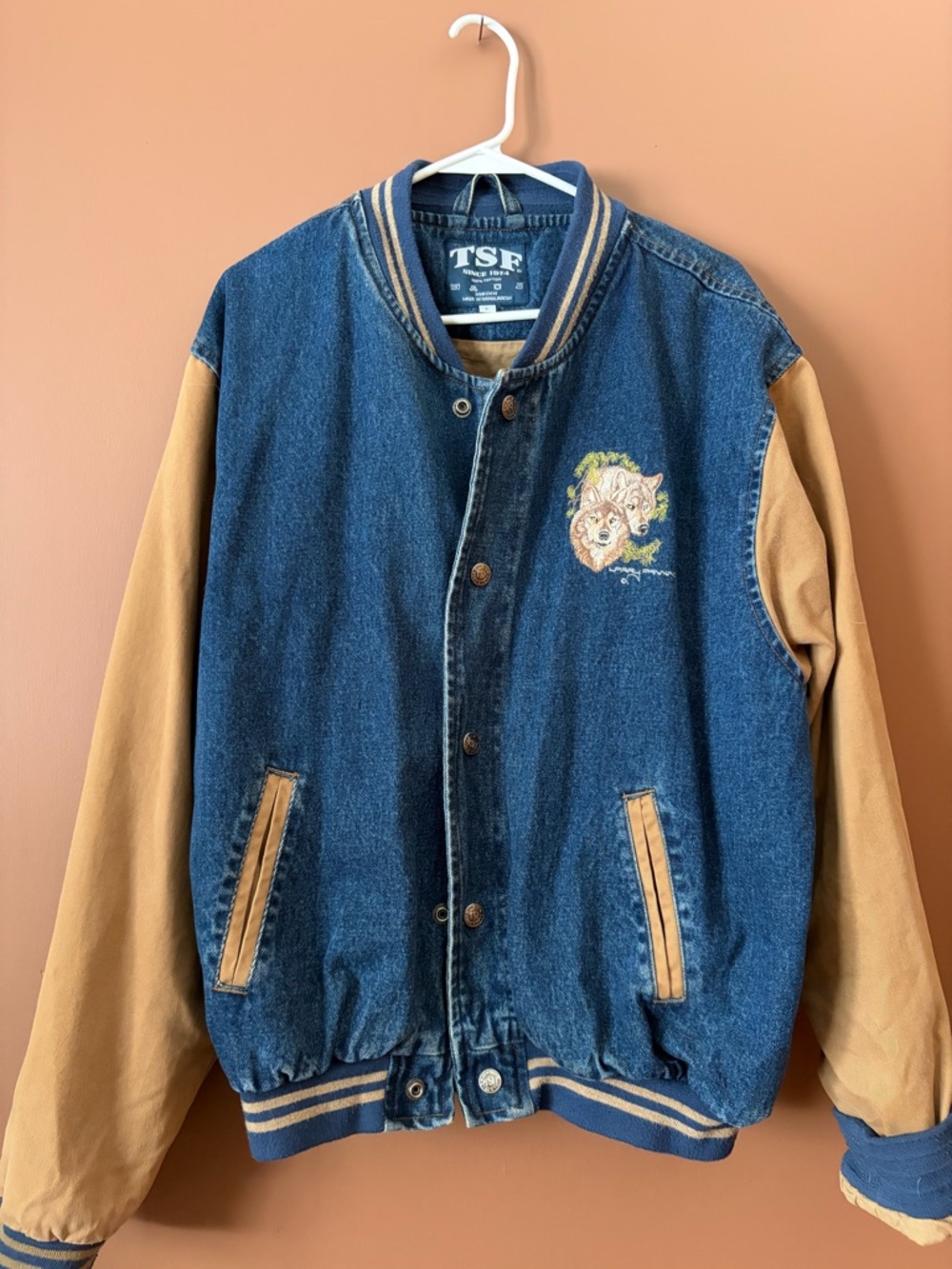 Vintage Wolf Embroidered Denim Varsity Jacket L Tan Sleeve Wildlife Graphic